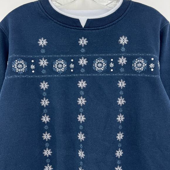 Feathers MEDIUM Y2K Womens Blue Embroidered Snowflake Holiday Sweater - Picture 3 of 8